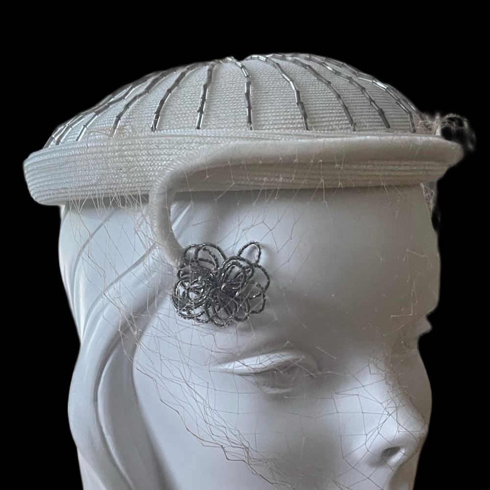 Mid Century White Straw & Beaded Cocktail Hat with Veil